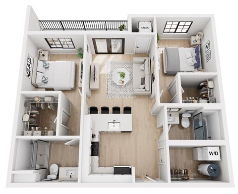 Floor plan for 2 beds, 2 baths, 873 sqft